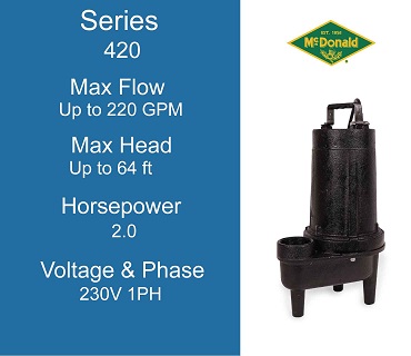 AY McDonald Sewage Pumps, 420 Series, 2.0 Horsepower, 115/230 Volts 1 Phase, 230/460 Volts 3 Phase
